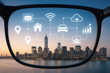 Augmented reality overlay on city skyline with digital icons technology connectivity