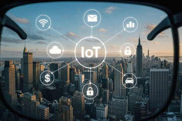 Augmented reality smart glasses displaying internet of things network over city skyline