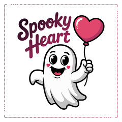 Little ghost on orange background holding heart with boo love typography, designed for tshirt, card or Halloween printable  