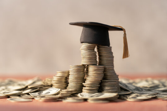Graduation cap buried under coins representing overwhelming student loan debt after college
