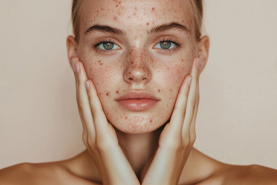 Close-up of young girl's skin with acne and irritation, showing texture and imperfections for skincare concept
