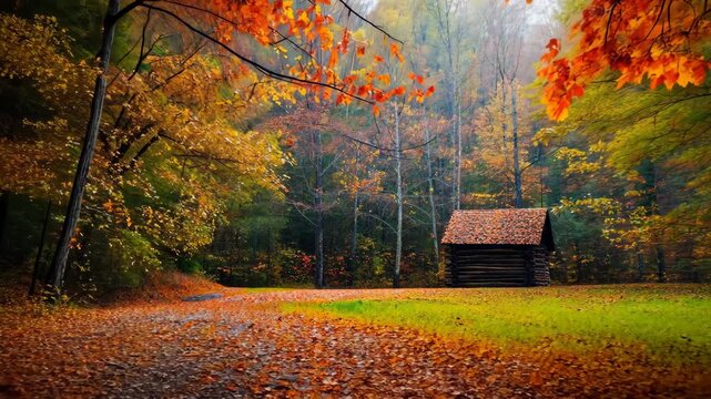 Colorful autumn trees surround a house in a vibrant forest landscape, with fallen leaves covering the ground under a clear sky
