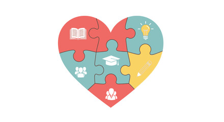 Heart shaped puzzle pieces symbolize education, teamwork, ideas, and learning success