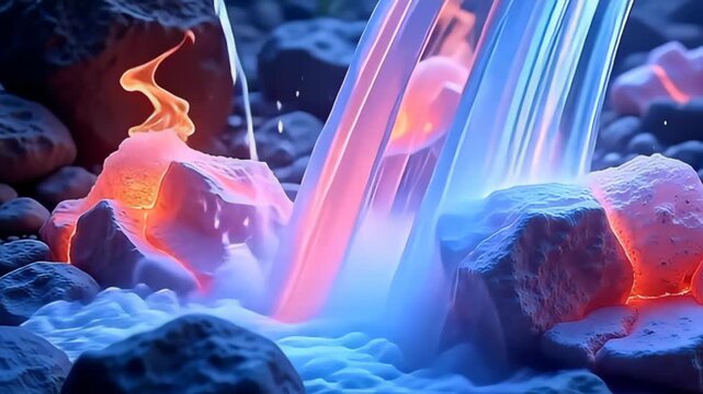 As the animation begins, split pastel stone bleeding glowing plasma flames cascade like a waterfall of light, their brilliance shimmering against the abstract backdrop; the camera gently