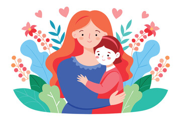 A mother and daughter share a loving embrace surrounded by flowers