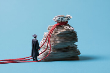 Unaffordable education, concept. A graduate in a gown and cap looks at a huge pile of money that is needed to pay for education. Cartoon style