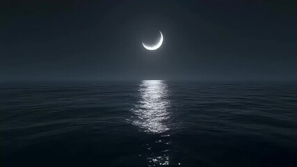A serene concept of a glowing crescent moon reflecting over the calm ocean water at night.