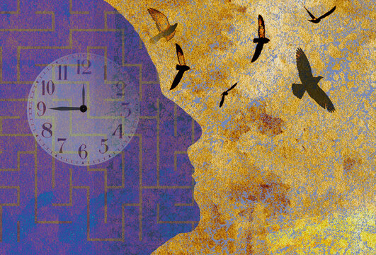 Maze and clock inside head of man watching birds fly away