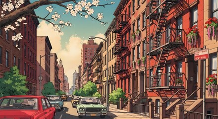 Fototapeta premium Vibrant Retro Anime City Street with Brownstones in Springtime