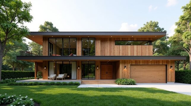 Modern Two-Story Residence with Expansive Windows and Wood Siding, Nestled Amidst Lush Greenery