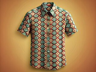 Shortsleeved buttondown shirt with vibrant geometric pattern