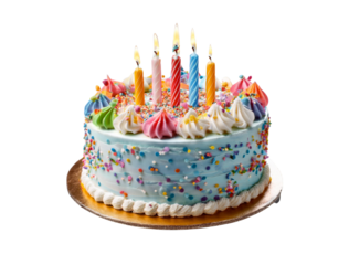 Blue birthday cake with lit candles and sprinkles isolated on a transparent background