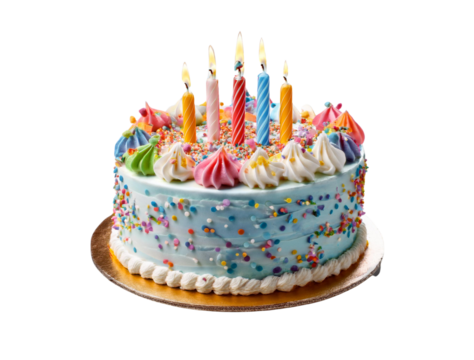 Blue birthday cake with lit candles and sprinkles isolated on a transparent background