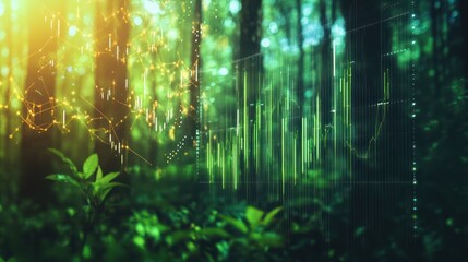 Forest with abstract graph overlays, sunny background, and lush green foliage