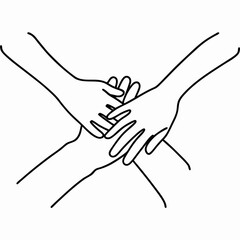 Fototapeta premium Four hands together in simple line art drawing express cooperation and unity. These four hands together represent a team, collaboration, and support, symbolizing connection and partnership.