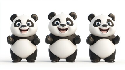 Adorable trio of 3d cartoon panda bears with joyful expressions sitting playfully on a clean white background, perfect for children’s content, educational designs, or animal-themed illustrations




