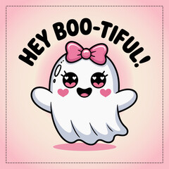 Hey boo tiful card with cute ghost, pink bow, hearts, playful Halloween, printable sticker, vector illustration
