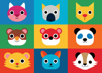 Fototapeta premium Cute Cartoon Animal Masks Grid Colorful Illustration for Kids