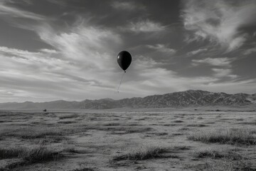 Black Balloon Floating Over a Vast Desert Landscape with Mountain Range and Dramatic Cloudy Sky in Black and White.