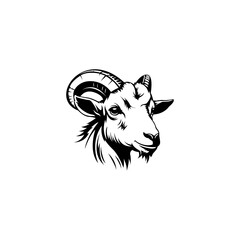 A detailed black and white illustration of a goat's head facing forward.