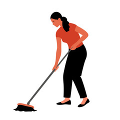 Woman polishing floor with mop in casual attire for home renovation  