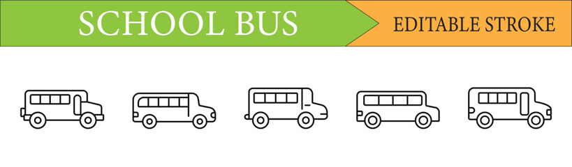 School Bus Line Icon Set | Editable Stroke Transportation Vectors