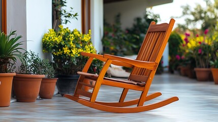 A rustic rocking chair made of wood placed on a veranda filled with vibrant potted plants and natural charm.

