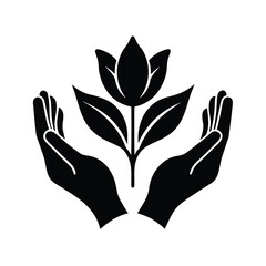 Obraz premium Silhouette two cupped hands holding a blooming flower leaves vector