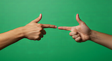 Pointing hands on green background