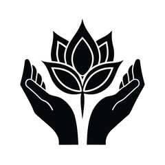 Silhouette two hands cupping a stylized lotus flower logo holding