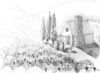 Landscape of a foreigner and a house in the mountains. Hand drawn with a pencil without a background. Graphic drawing. For food, wine packaging and cosmetics