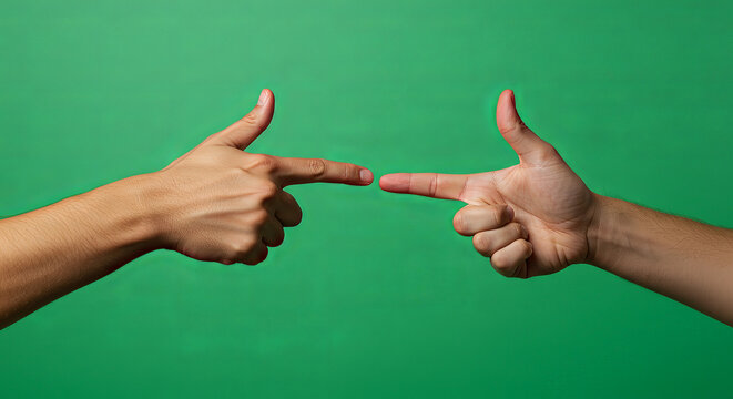 Pointing hands on green background