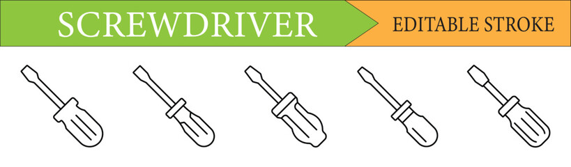 Screwdriver Tool Line Icons Editable Stroke Vector Set