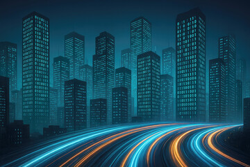 Futuristic city skyline with glowing binary code on skyscrapers and light trails on highway
