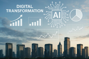 Futuristic cityscape with digital data visualizations and AI chip skyscrapers buildings