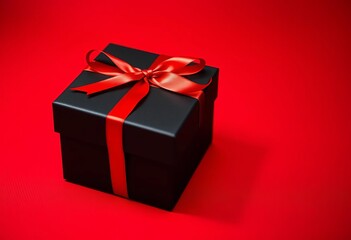 Obraz premium Close-up of black gift box with red ribbon on red-black background, red, mysterious