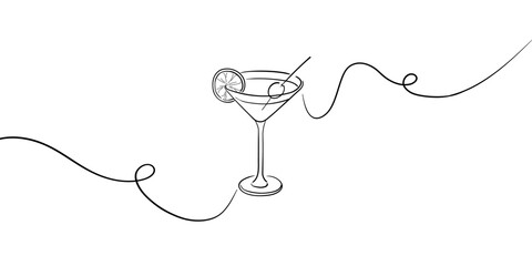 Alcoholic cocktail set glasses, continious line drawing. 
Summer cocktail set outline. Vector illustration