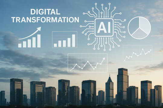 Futuristic cityscape with digital data visualizations and AI chip skyscrapers buildings