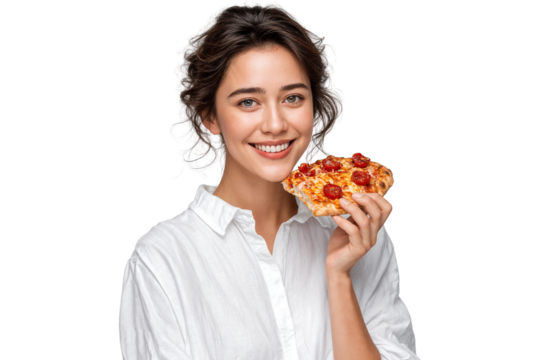 Smiling woman eating a delicious slice of pizza, isolated on transparent background