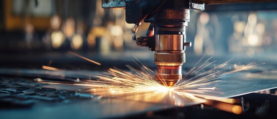 The laser cutting machine creating sparks in an industrial workshop environment.