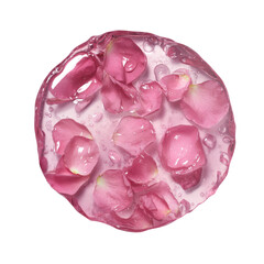 Fototapeta premium Close up of pink rose petals frozen in clear ice sphere isolated on transparent background