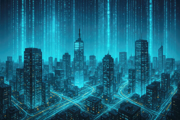 Futuristic metropolis with glowing blue digital rain and illuminated skyscrapers