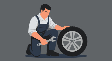 Mechanic Working on a Car Tire in a Flat Style Illustration