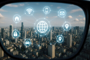Futuristic smart city interface overlay on urban landscape smart glasses augmented reality