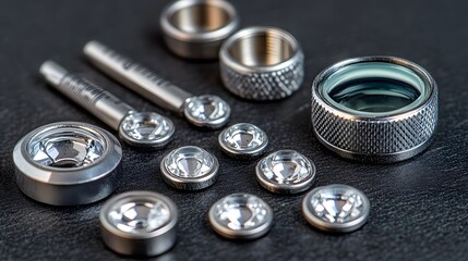 Metalwork Machined Parts on Dark Background.