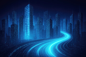 Glowing blue digital cityscape with binary code skyscrapers and light trails futuristic