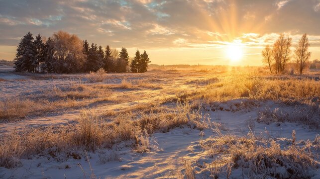 Winter sunrise over frosted field