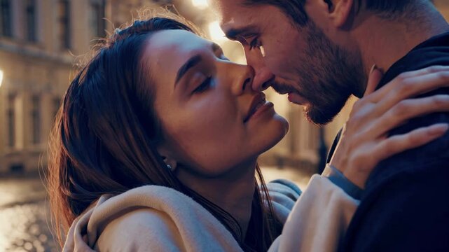 Close up of couple touching foreheads in gentle drizzle, couple breathes quiet night air, couple feels heartbeat in shining street, couple savors tender silence. Concept intimate street romance