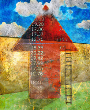 Ladder and financial figures on arrow pointing upwards