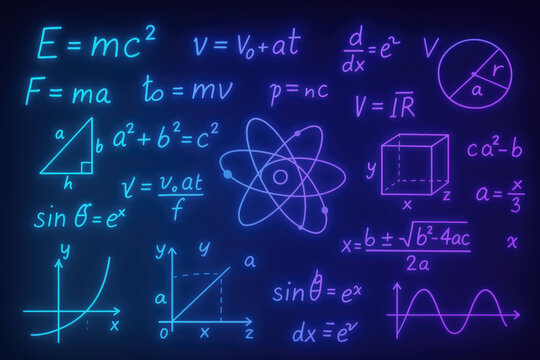 Glowing scientific formulas and diagrams on dark blue background science physics